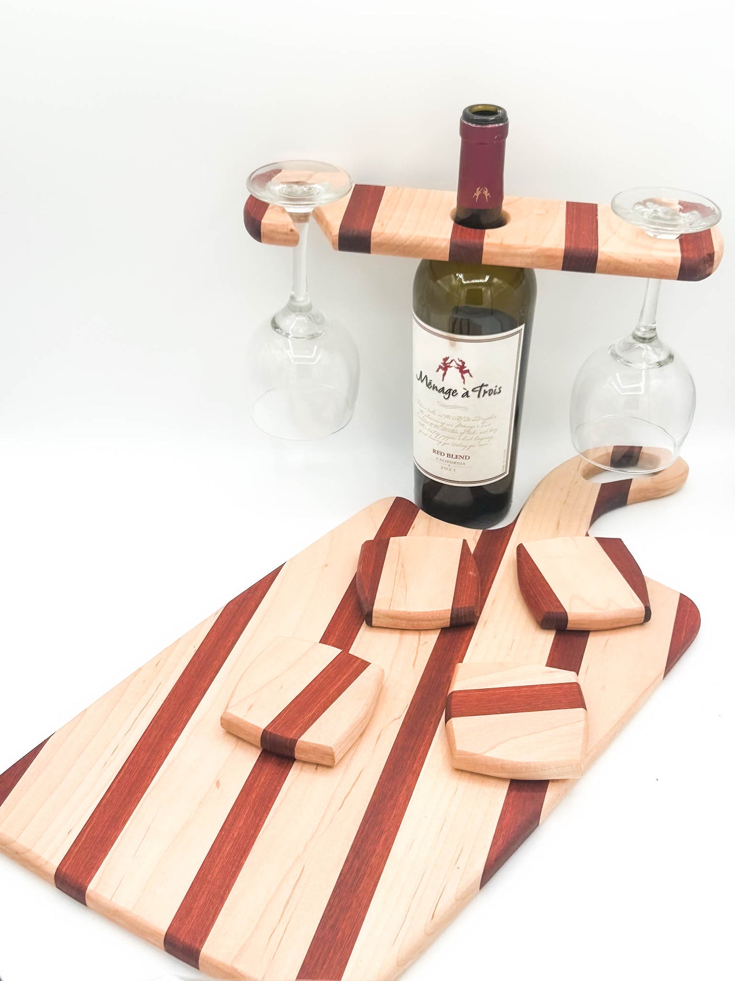 Candy Stripe Charcuterie Board with Wine Glass Rack & Coasters